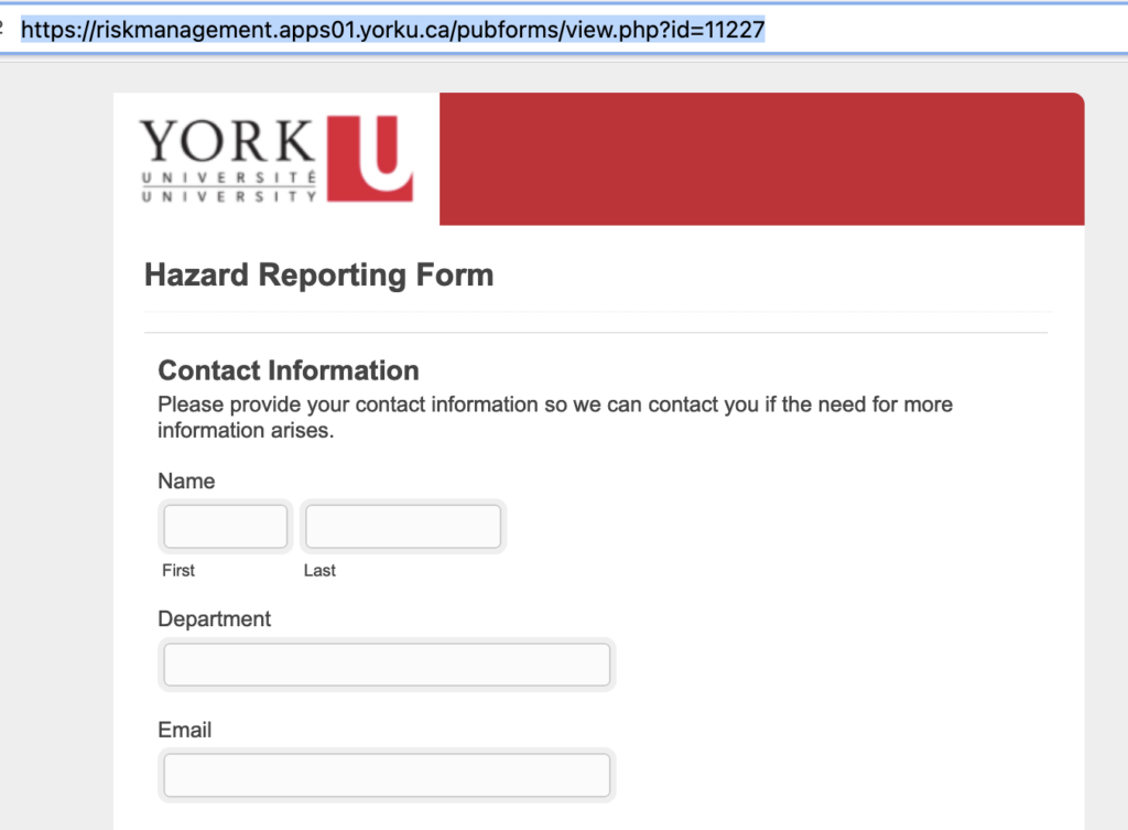 Hazard reporting form, Risk Management Services.